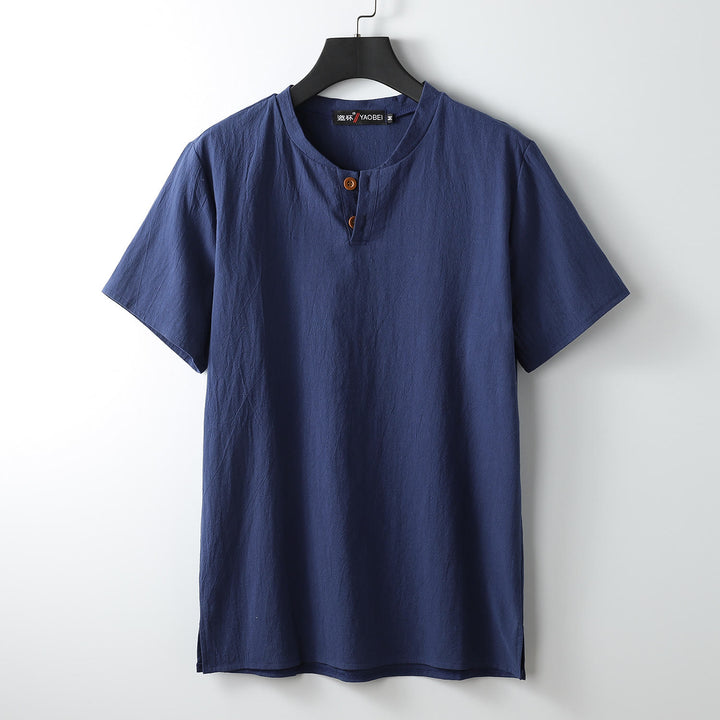 Buddha StonesゆったりメンズTシャツ 無地トップス 半袖 ボタン ノッチネック ソフトコットンリネンシャツ - ミッドナイトブルー - US/UK/AU54、 EU64 (9XL) - image 3