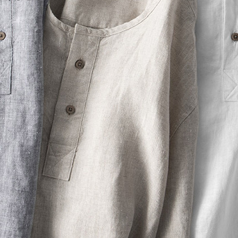 Buddha Stones無地長袖ボタンシャツリネンメンズ服 - image 14