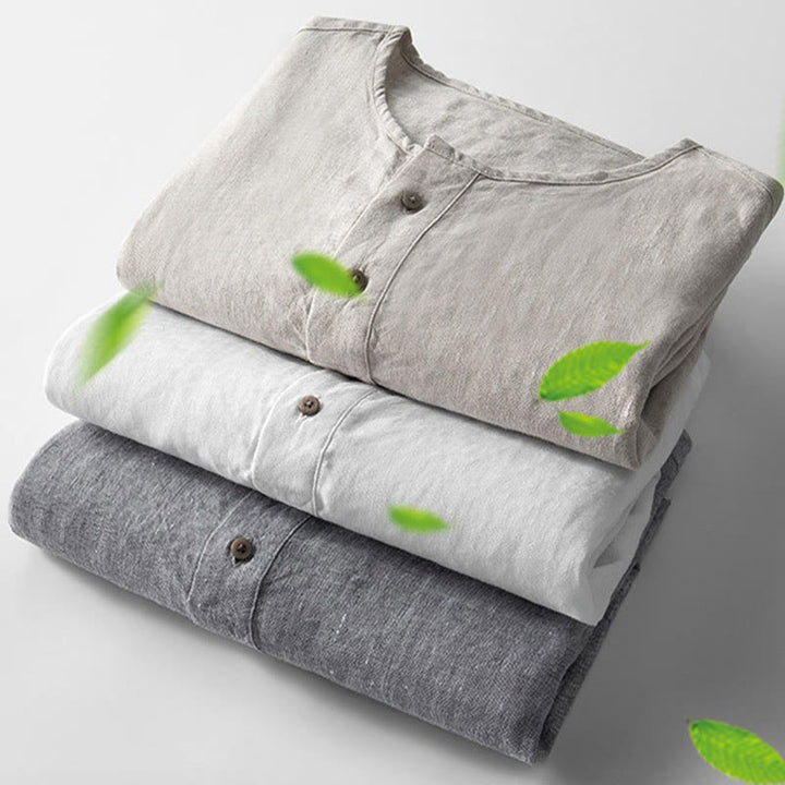 Buddha Stones無地長袖ボタンシャツリネンメンズ服 - image 4