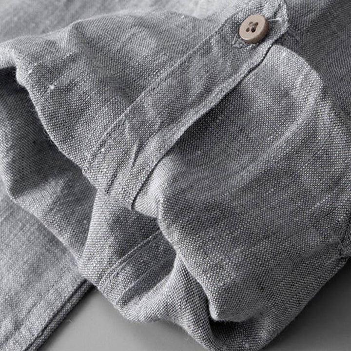 Buddha Stones無地長袖ボタンシャツリネンメンズ服 - image 9