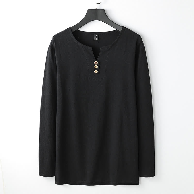 Buddha Stones無地長袖ボタンシャツコットンリネンメンズ服 - 黒 - US/UK/AU54、 EU64 (9XL) - image 3