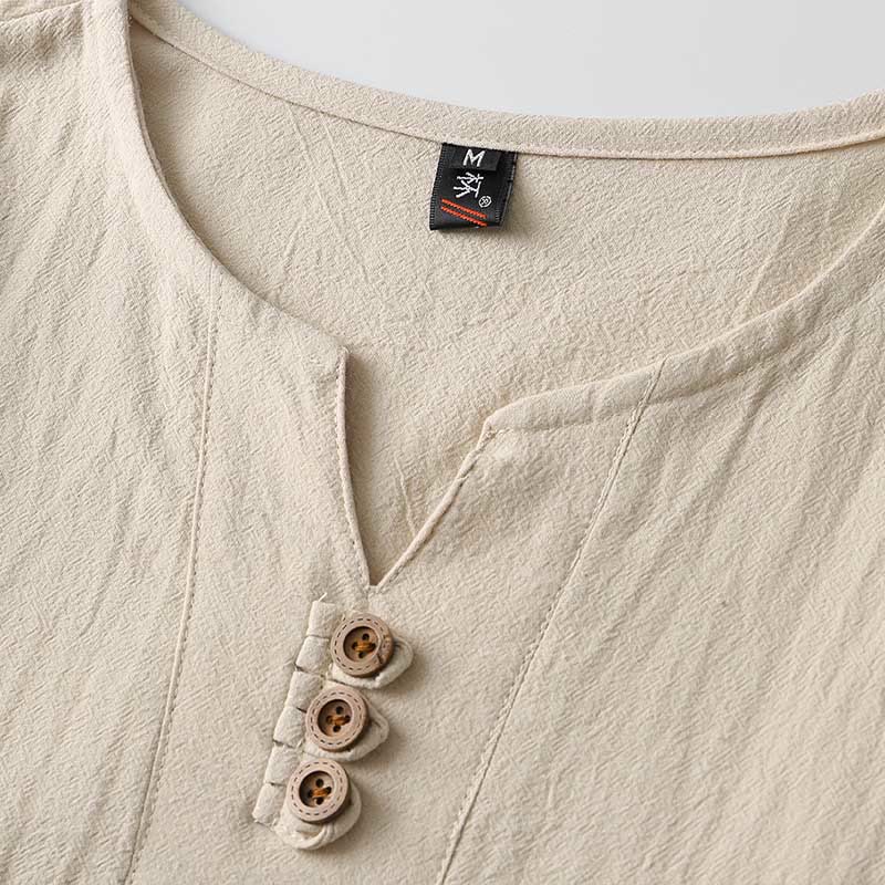 Buddha Stones無地長袖ボタンシャツコットンリネンメンズ服 - image 5