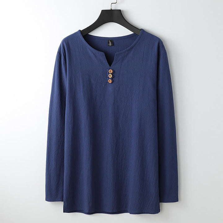 Buddha Stones無地長袖ボタンシャツコットンリネンメンズ服 - 海軍 - US/UK/AU54、 EU64 (9XL) - image 0