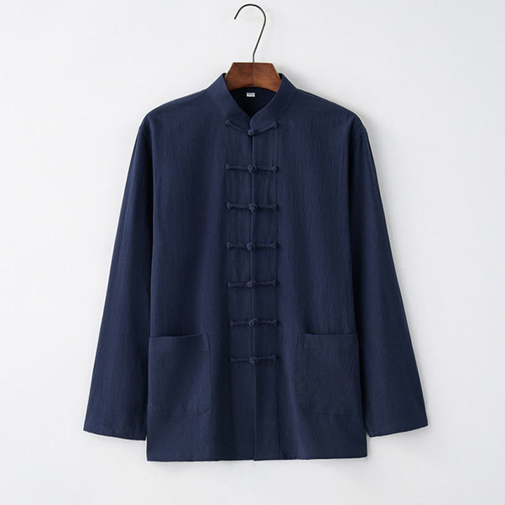 Buddha Stones唐蛙ボタン長袖シャツ コットン メンズ服 - ミッドナイトブルー - US/UK/AU44、 EU54 (4XL) - image 4