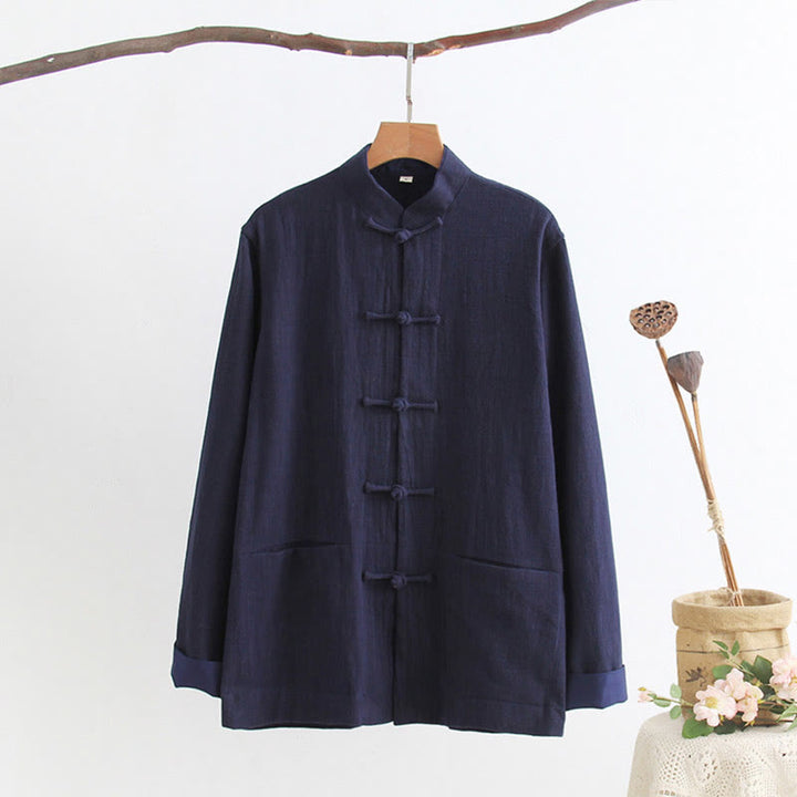 Buddha Stones唐蛙ボタン長袖シャツ コットンリネン メンズ服 - ミッドナイトブルー - US/UK/AU44、 EU54 (4XL) - image 4