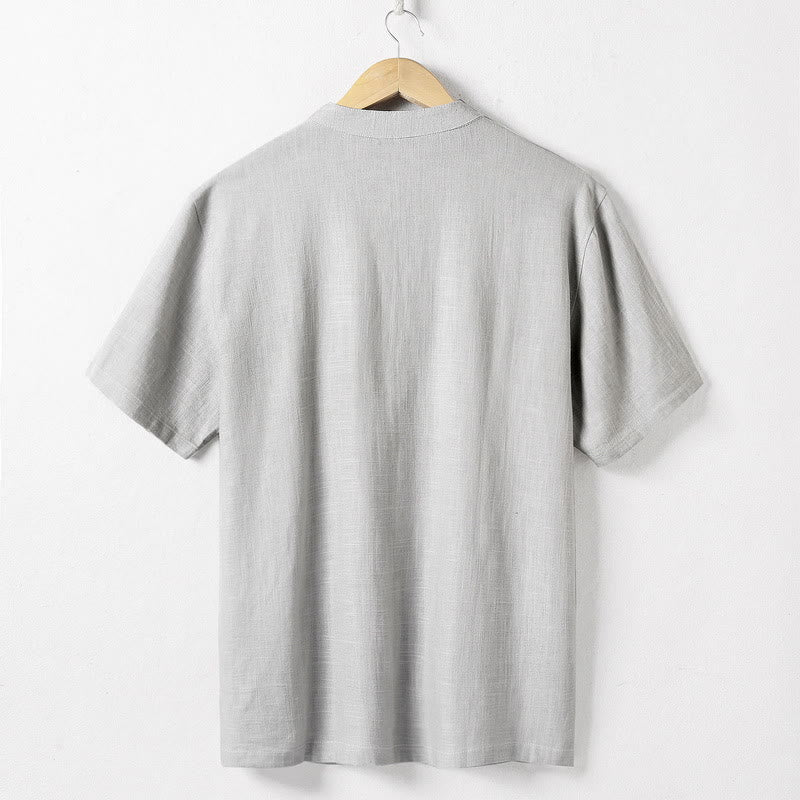 Buddha Stonesゆったりメンズシャツ 無地 ノッチネック トップス 半袖 快適 ボタン 通気性 コットンリネンシャツ - image 6