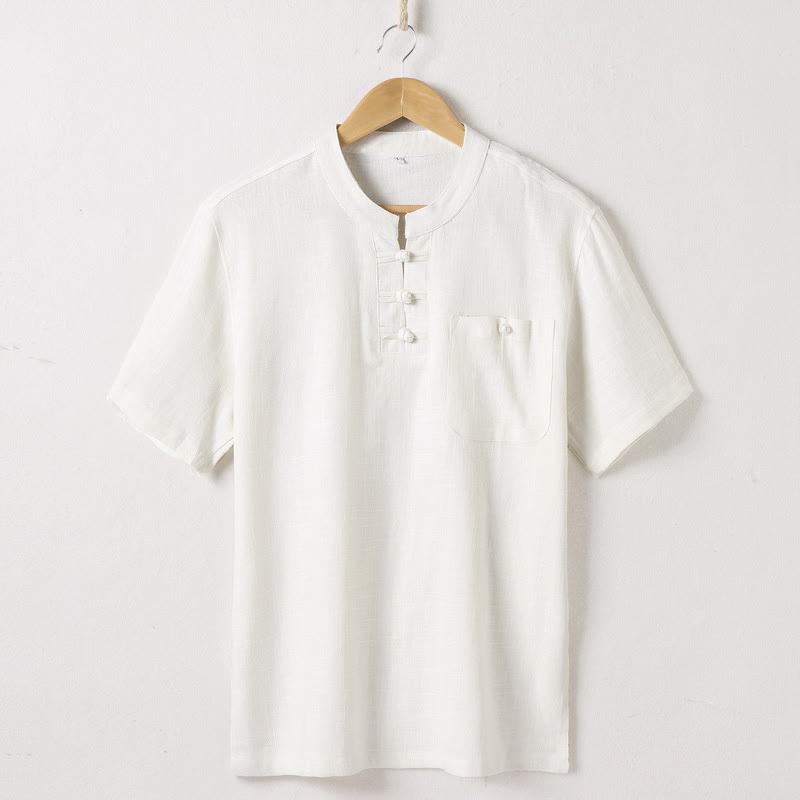 Buddha Stonesゆったりメンズシャツ 無地 ノッチネック トップス 半袖 快適 ボタン 通気性 コットンリネンシャツ - ベージュ - US/UK/AU46、 EU56 (5XL)  - image 2