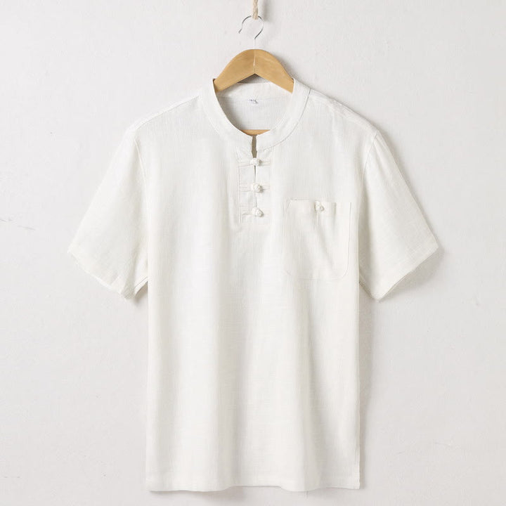 Buddha Stonesゆったりメンズシャツ 無地 ノッチネック トップス 半袖 快適 ボタン 通気性 コットンリネンシャツ - ベージュ - US/UK/AU46、 EU56 (5XL)  - image 2