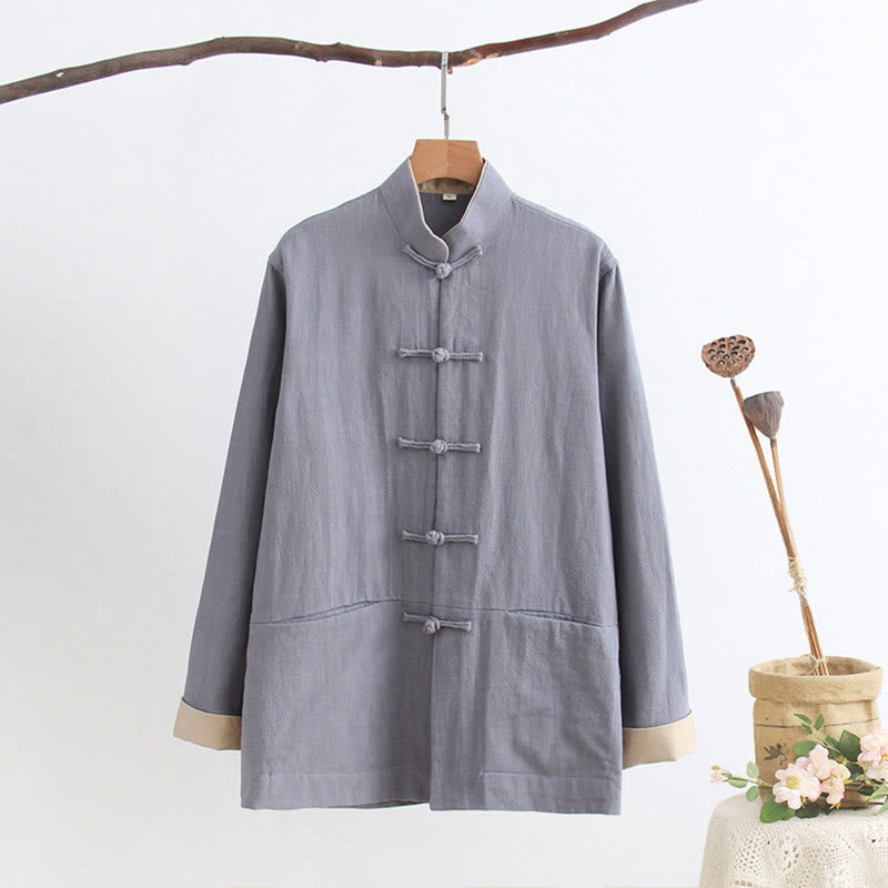 Buddha Stones唐蛙ボタン長袖シャツ コットンリネン メンズ服 - ライトスチールブルー - US/UK/AU44、 EU54 (4XL) - image 2