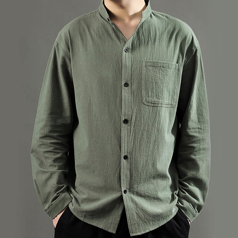 Buddha Stonesメンズ 長袖シャツ ポケット付き スタンドカラー コンフォートリネンシャツ - image 2