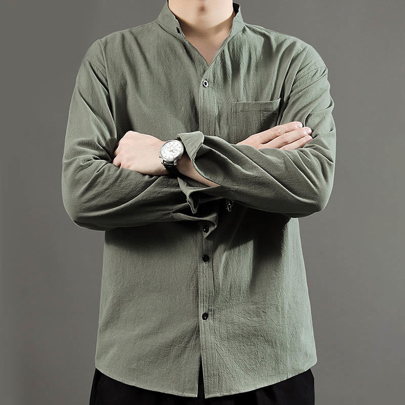 Buddha Stonesメンズ 長袖シャツ ポケット付き スタンドカラー コンフォートリネンシャツ - image 7