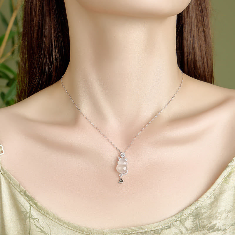 Buddha Stones 925スターリングシルバーメッキ 14Kゴールド ホワイトジェイド ひょうたん 猫 守護 ネックレス ペンダント - image 3