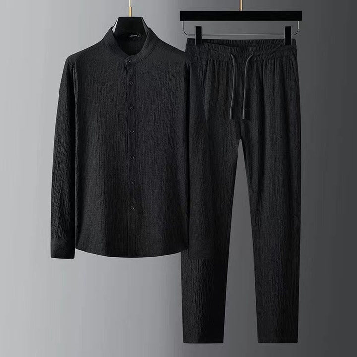 Buddha Stones純色長袖トップスパンツ服メンズセット - 黒 - US/UK/AU44、 EU54 (4XL) - image 0