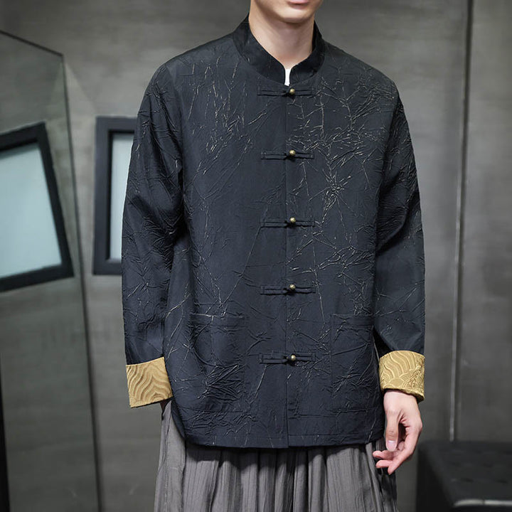 Buddha Stones唐装カジュアルフロッグボタン長袖ナイロンメンズジャケットシャツ衣類 - 黒 - US/UK/AU46、 EU56 (5XL) - image 1