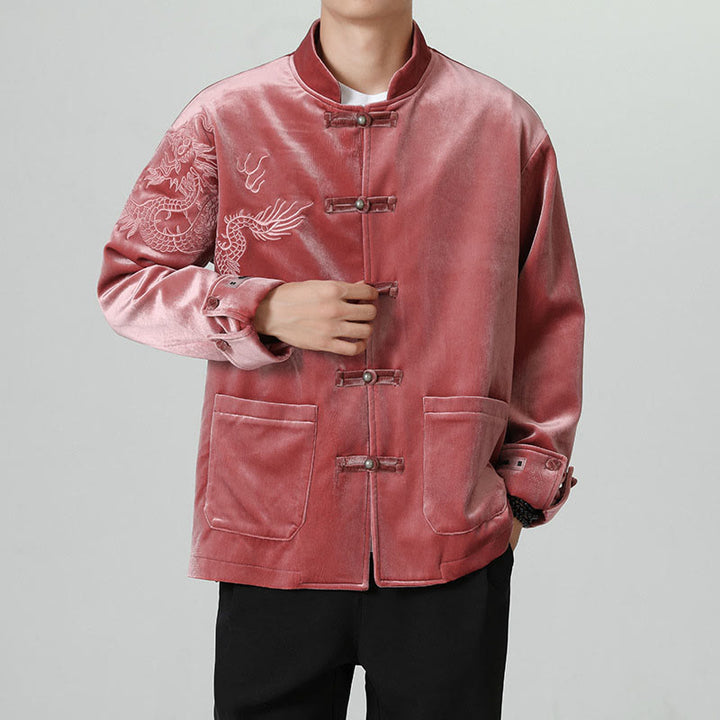 Buddha Stones刺繍ドラゴンカジュアルフロッグボタンコットンメンズジャケットシャツ服 - image 6