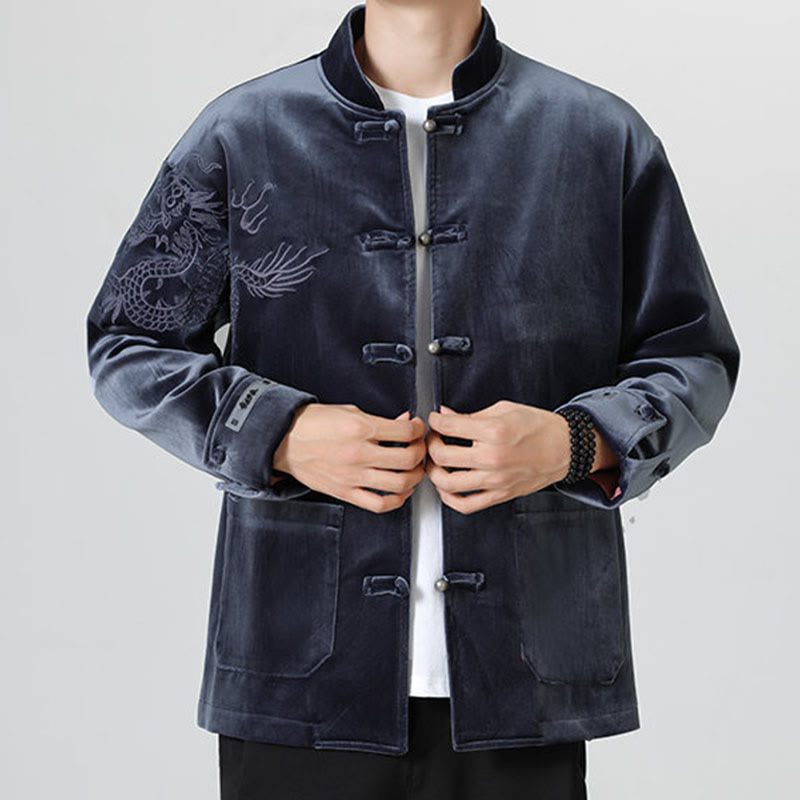 Buddha Stones刺繍ドラゴンカジュアルフロッグボタンコットンメンズジャケットシャツ服 - image 29