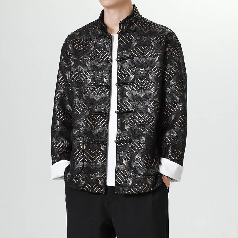 Buddha Stonesカエルボタン 中国唐装 波型 ロングシャツ メンズ ジャケット 衣類 - 黒 - US/UK/AU46、 EU56 (5XL) - image 1