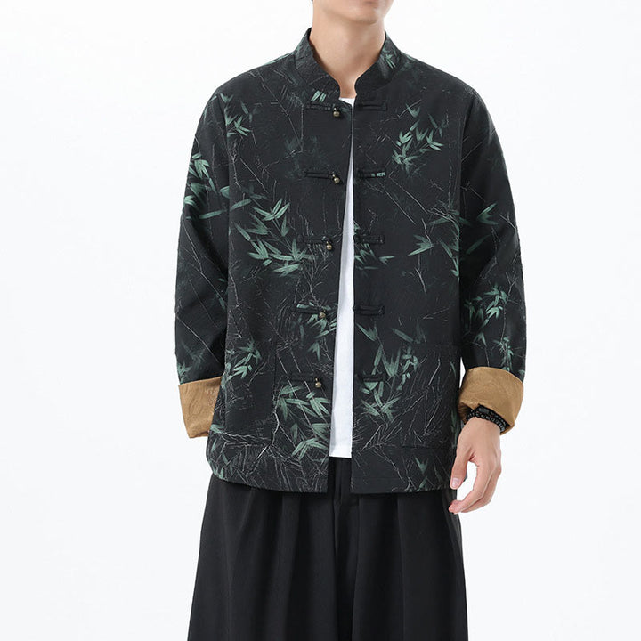 Buddha Stonesプリント竹カジュアルフロッグボタンスパンデックスメンズジャケットシャツ服 - 黒 - US/UK/AU46、 EU56 (5XL) - image 1