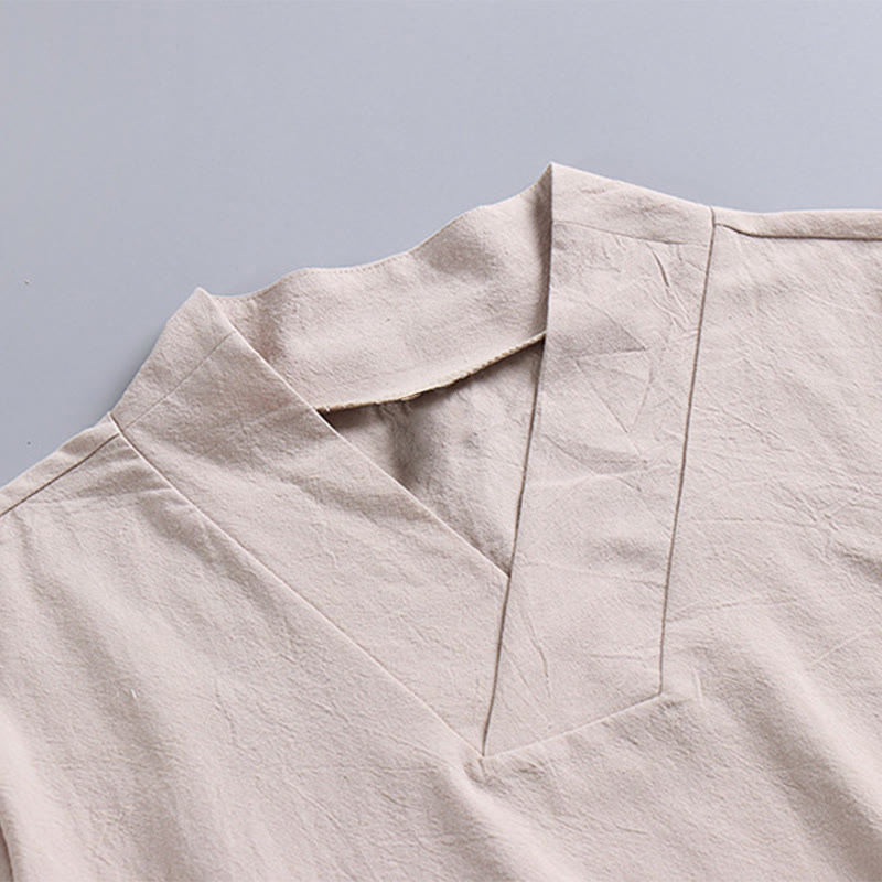 Buddha StonesゆったりメンズTシャツ 無地トップス 半袖 Vネック 通気性 リネンシャツ - image 7