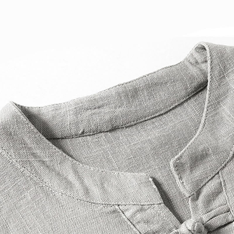 Buddha Stonesゆったりメンズシャツ 無地 ノッチネック トップス 半袖 快適 ボタン 通気性 コットンリネンシャツ - image 7