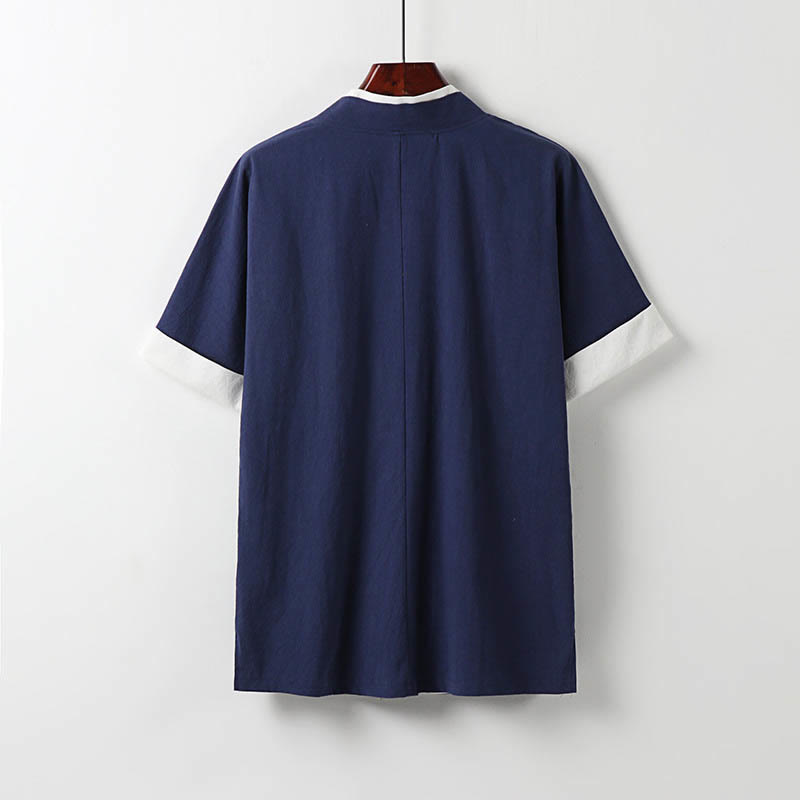 Buddha Stonesフェイクツーピースメンズ半袖カーディガン刺繍漢服快適コットンシャツ - image 3