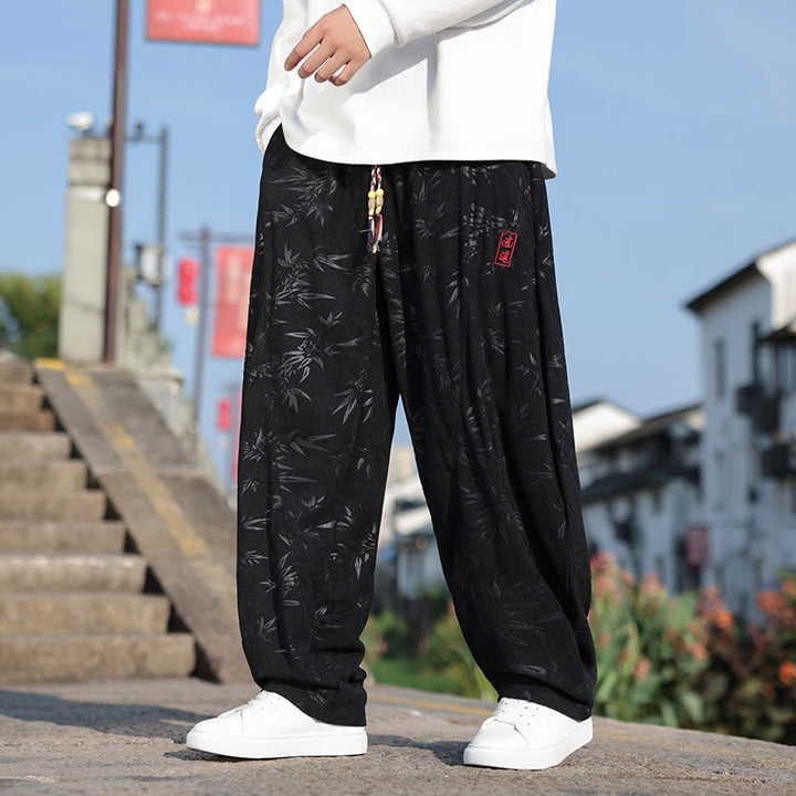 Buddha Stones刺繍の葉柄カジュアルコットンメンズパンツ(ポケット付き) - 黒 - US/UK/AU46、 EU56 (5XL) - image 0