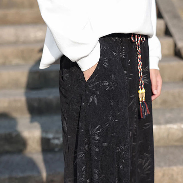 Buddha Stones刺繍の葉柄カジュアルコットンメンズパンツ(ポケット付き) - image 10