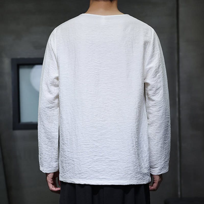 Buddha Stones無地 ゆったり 長袖 ラウンドネック コットン メンズシャツ - image 3