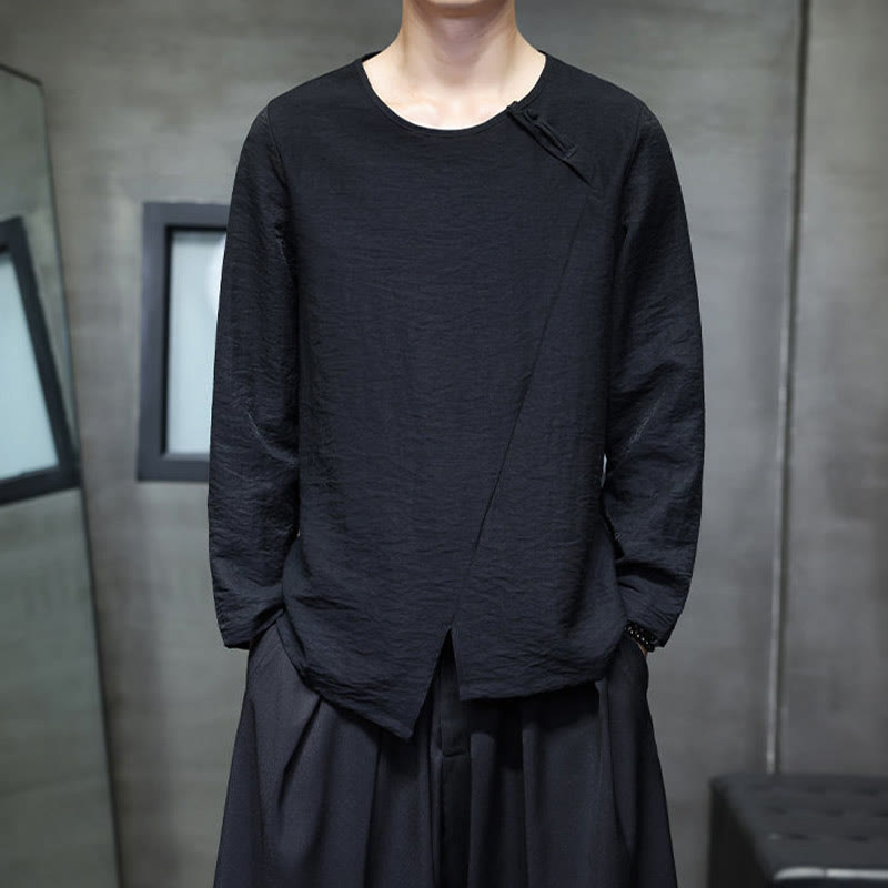 Buddha Stones無地 ゆったり 長袖 ラウンドネック コットン メンズシャツ - 黒 - US/UK/AU46、 EU56 (5XL) - image 25