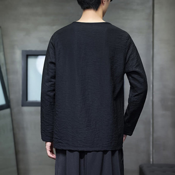 Buddha Stones無地 ゆったり 長袖 ラウンドネック コットン メンズシャツ - image 27