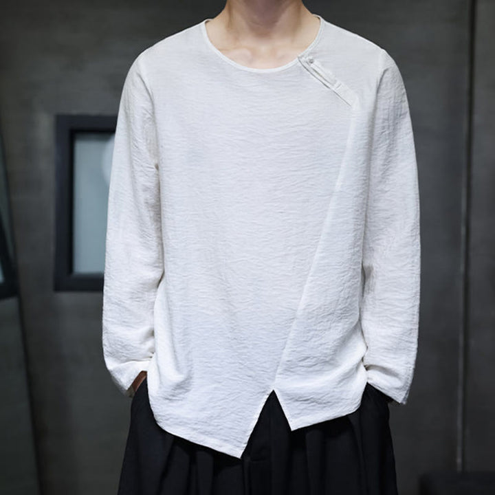 Buddha Stones無地 ゆったり 長袖 ラウンドネック コットン メンズシャツ - image 5