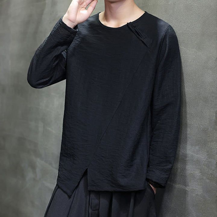 Buddha Stones無地 ゆったり 長袖 ラウンドネック コットン メンズシャツ - image 34