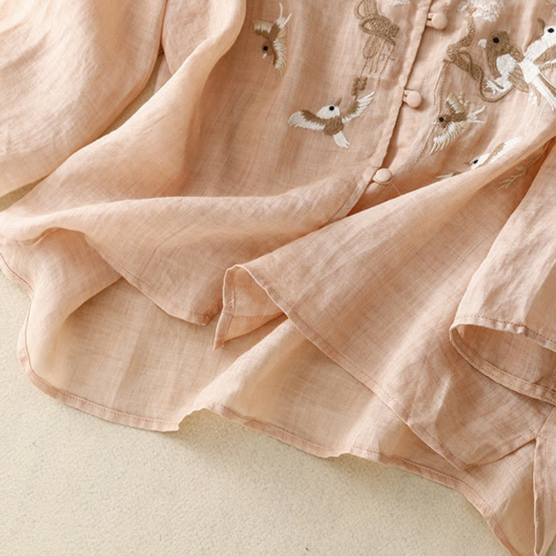 Buddha Stonesラウンドネックカジュアルブラウス刺繍長袖シャツコットンリネントップスレディースシャツ - image 3