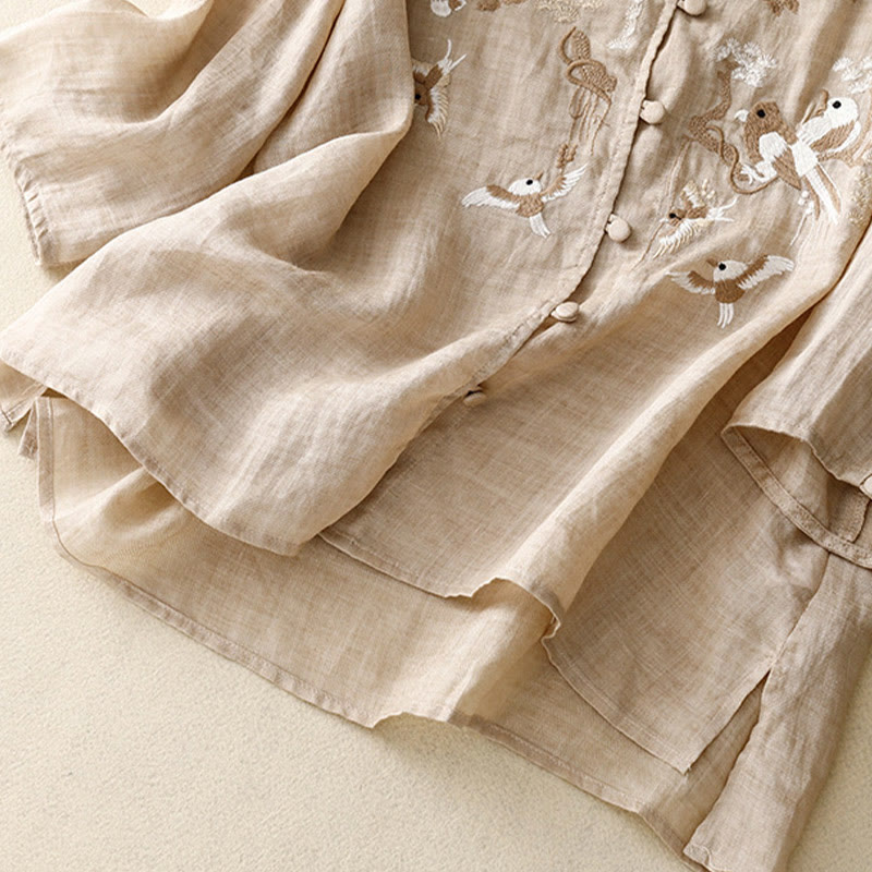 Buddha Stonesラウンドネックカジュアルブラウス刺繍長袖シャツコットンリネントップスレディースシャツ - image 12