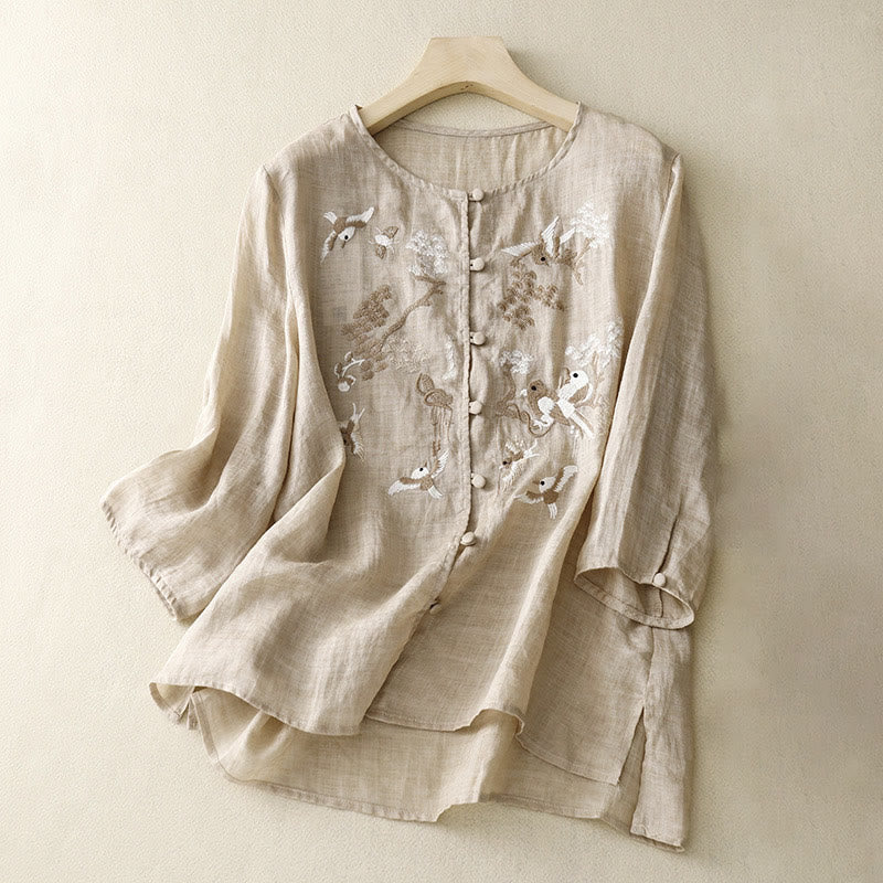 Buddha Stonesラウンドネックカジュアルブラウス刺繍長袖シャツコットンリネントップスレディースシャツ - タン - US/UK/AU40、 EU50 (2XL) - image 6