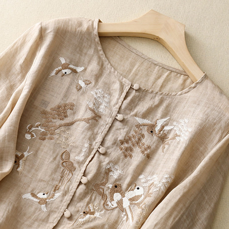 Buddha Stonesラウンドネックカジュアルブラウス刺繍長袖シャツコットンリネントップスレディースシャツ - image 8