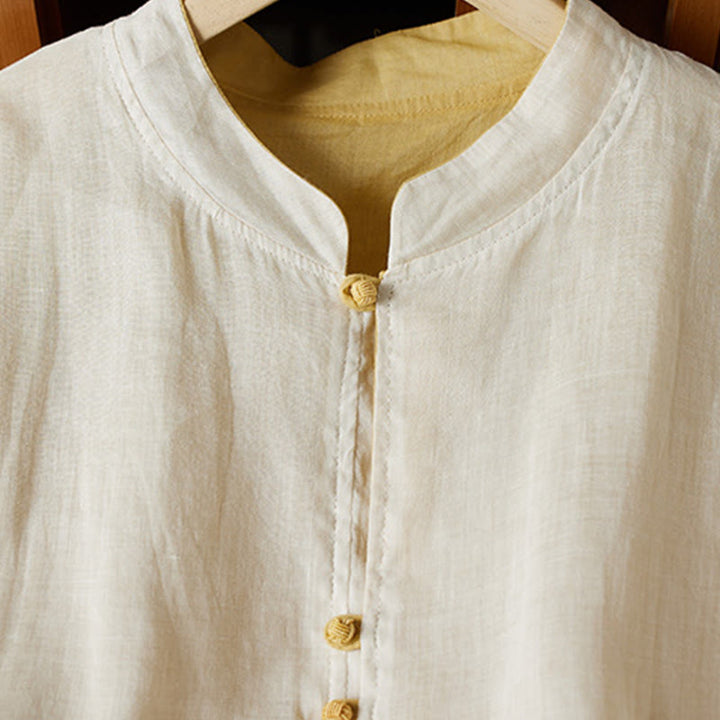 Buddha Stonesプラスサイズ Vネック カジュアル 無地 長袖シャツ コットンリネン レディース シャツ