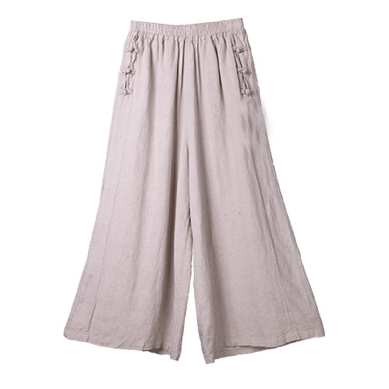 Buddha Stonesカジュアルコットン フロッグボタン ハイウエスト ワイドレッグパンツ ポケット付き