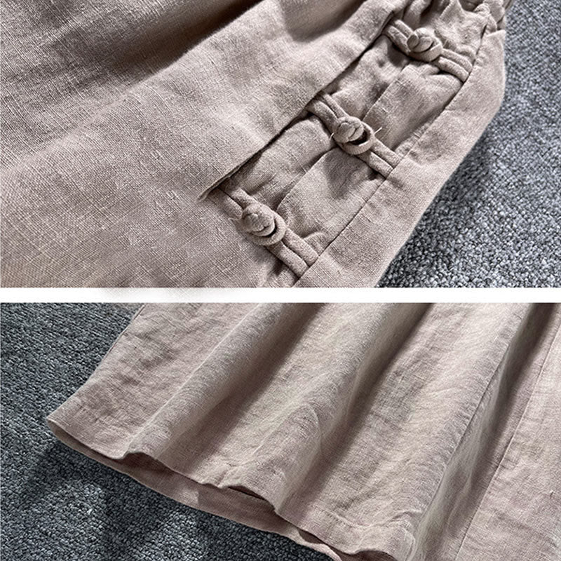 Buddha Stonesカジュアルコットン フロッグボタン ハイウエスト ワイドレッグパンツ ポケット付き