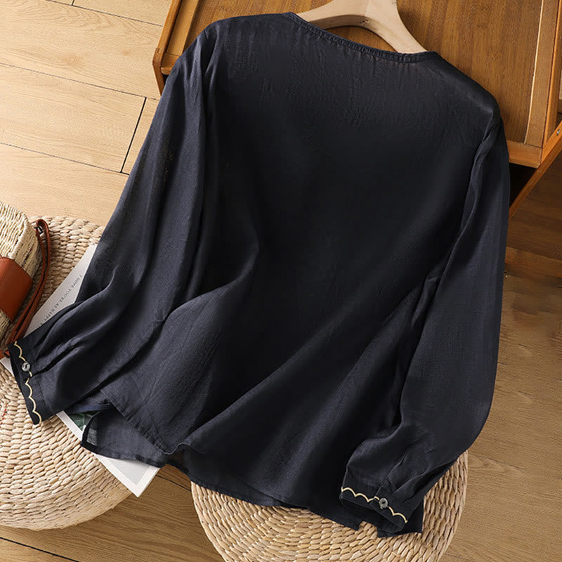 Buddha Stonesエスニック刺繍クルーネックコットンリネンプルオーバー - image 5