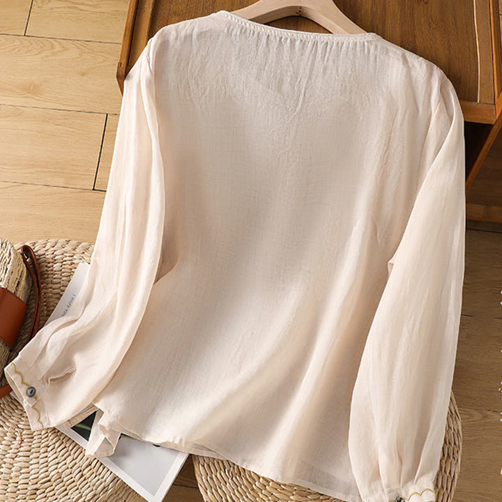 Buddha Stonesエスニック刺繍クルーネックコットンリネンプルオーバー - image 3