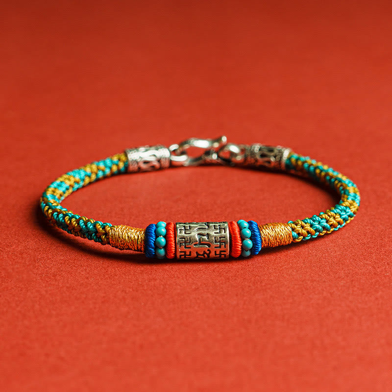 Buddha Stonesカラフルストリング 六つの真実の言葉 925シルバー フォーカスブレスレット