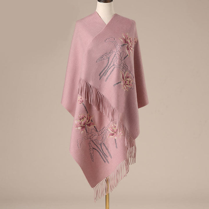 Buddha Stonesウールショール 蓮の刺繍タッセル 冬用 心地よい旅行用スカーフ ラップ