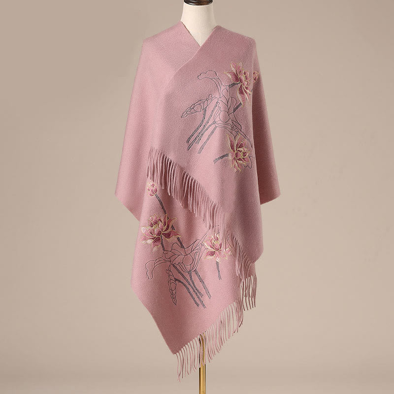 Buddha Stonesウールショール 蓮の刺繍タッセル 冬用 心地よい旅行用スカーフ ラップ