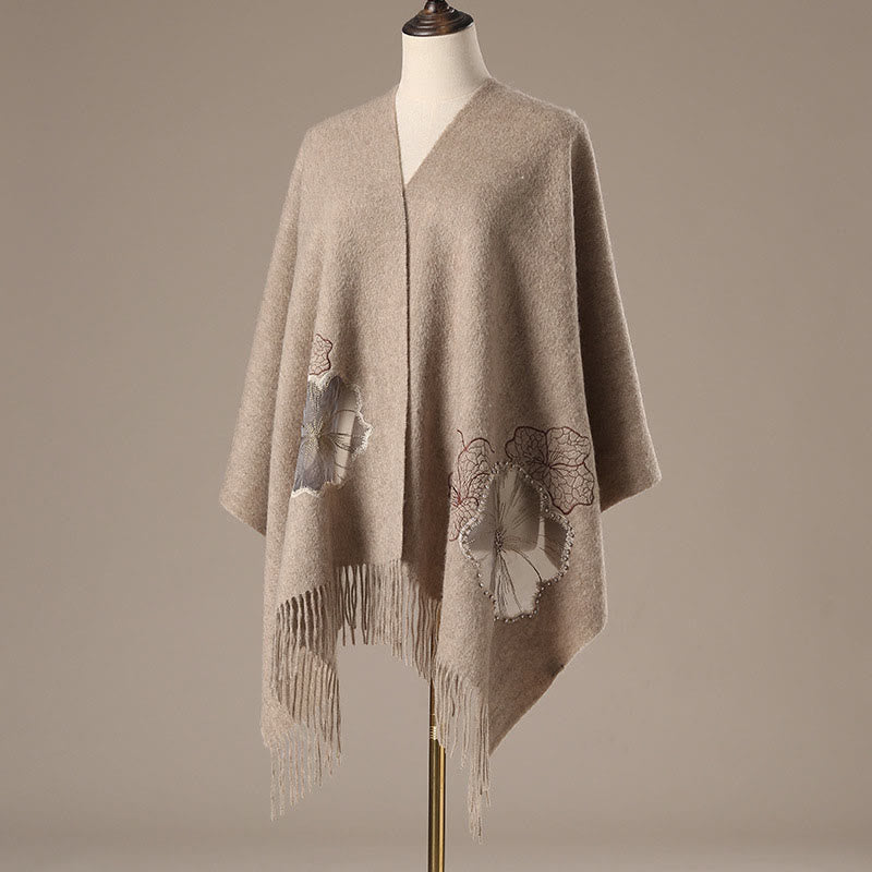 Buddha Stonesウールショール 蓮の葉刺繍タッセル 冬用 心地よい旅行用スカーフ ラップ