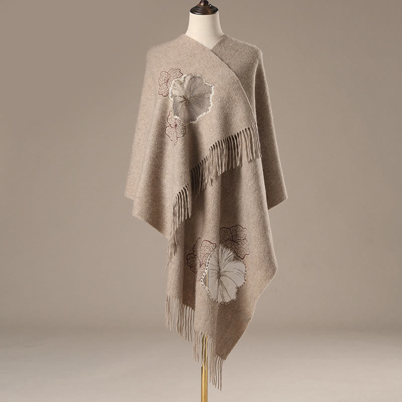 Buddha Stonesウールショール 蓮の葉刺繍タッセル 冬用 心地よい旅行用スカーフ ラップ