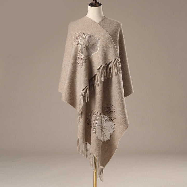 Buddha Stonesウールショール 蓮の葉刺繍タッセル 冬用 心地よい旅行用スカーフ ラップ