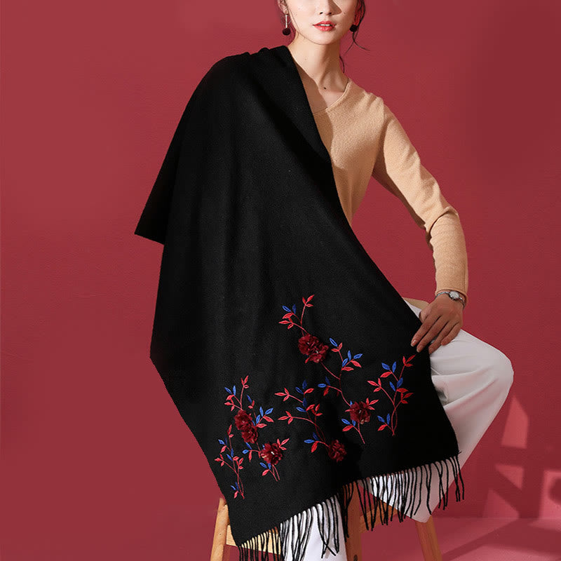 Buddha Stonesウールショール 3Dフローラル刺繍タッセル 冬用 心地よい旅行用スカーフラップ