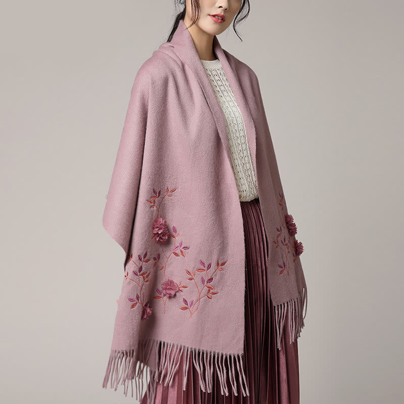 Buddha Stonesウールショール 3Dフローラル刺繍タッセル 冬用 心地よい旅行用スカーフラップ