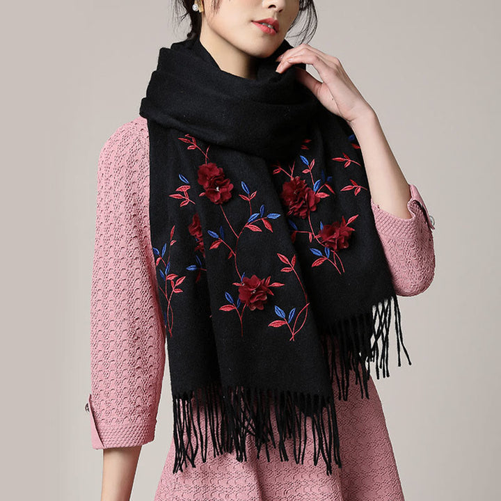 Buddha Stonesウールショール 3Dフローラル刺繍タッセル 冬用 心地よい旅行用スカーフラップ